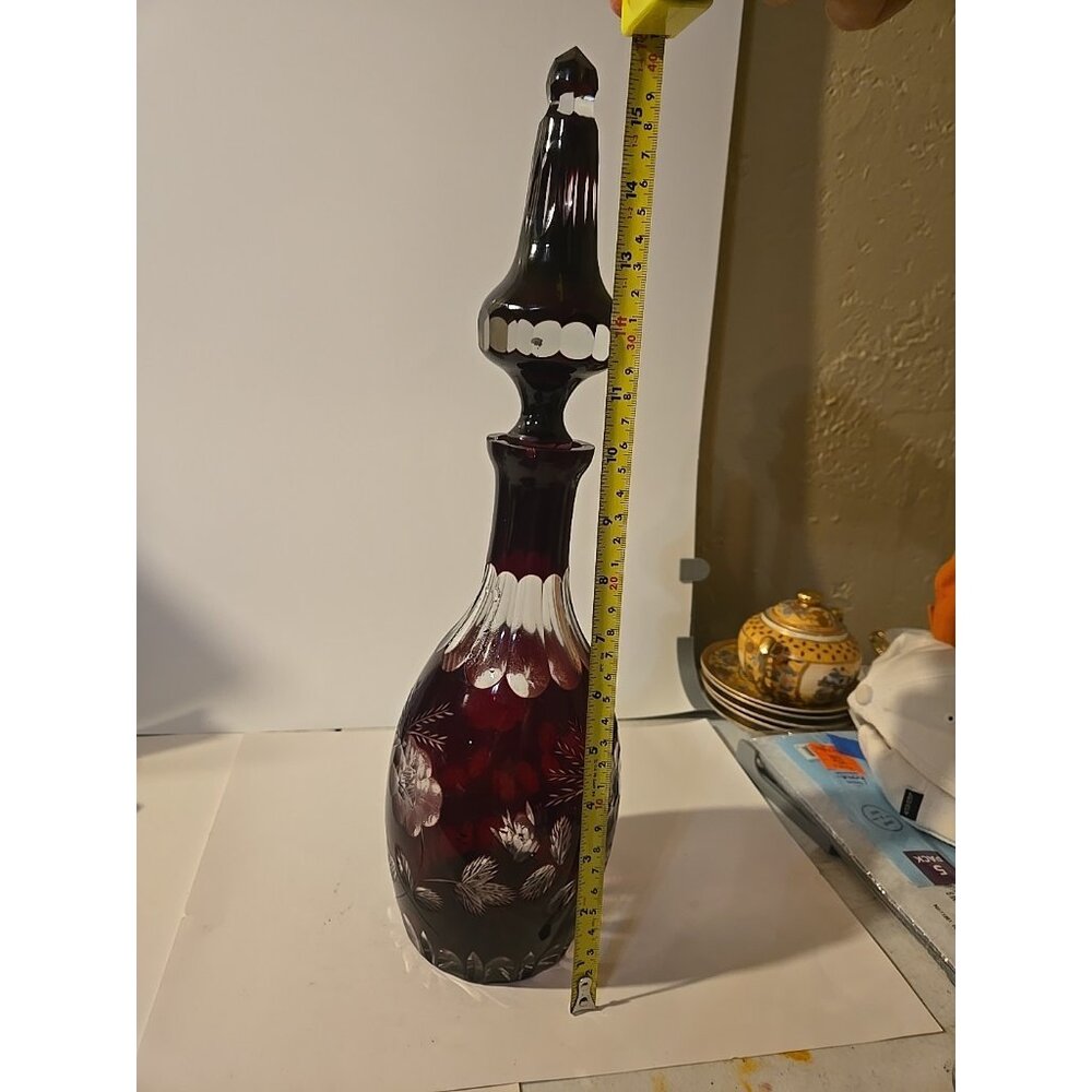 Bohemian Crystal Ruby Red Glass Cut to Clear Decanter 16" See Desc.